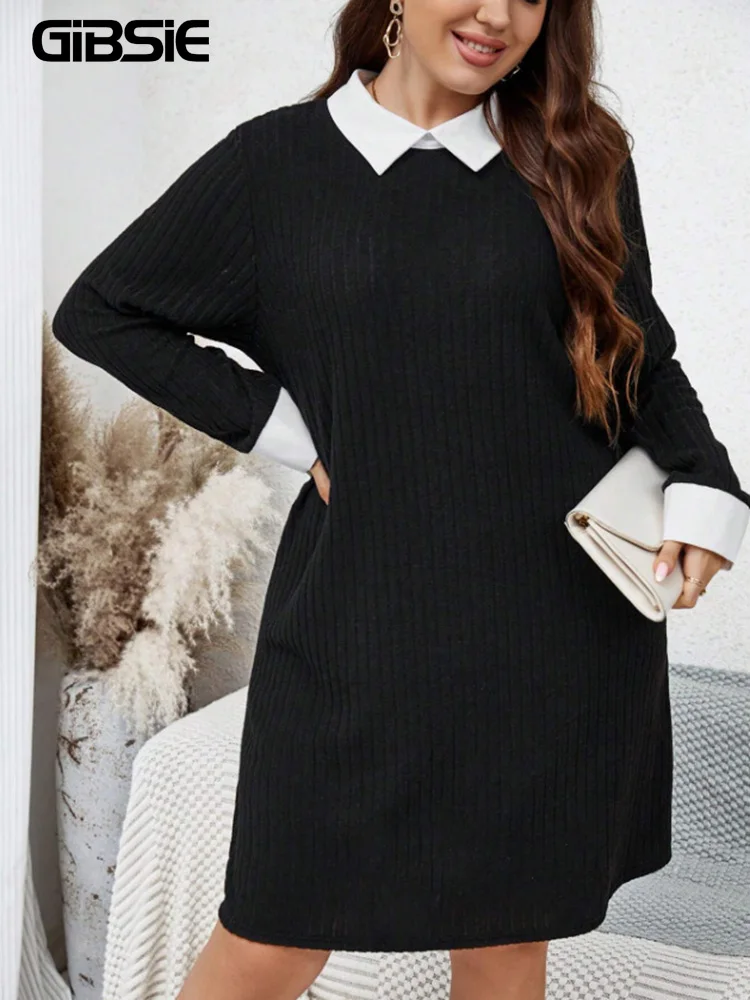 GIBSIE Plus Size Women Casual Black Rib-knit Mini Dress with White Collar Spring And Fall Long Sleeve Female Loose Dresses