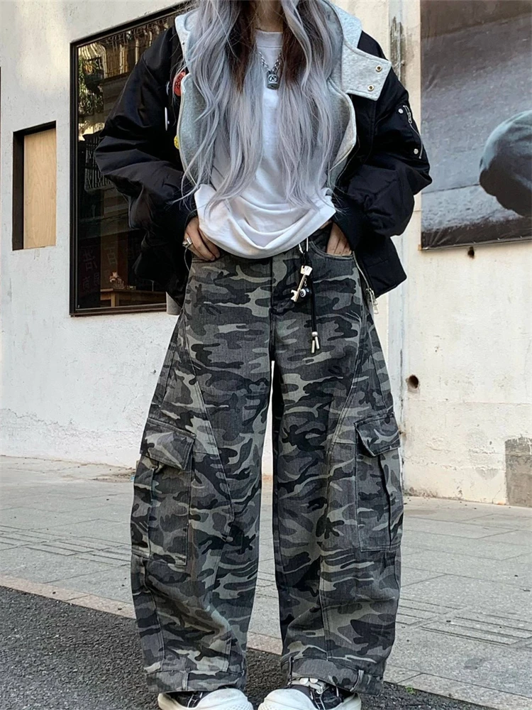 

Camouflage Pants Women Curved Wide Leg Large Pocket Cool Girl Street Straight Bottoms Summer Female Unisex Loose Trousers