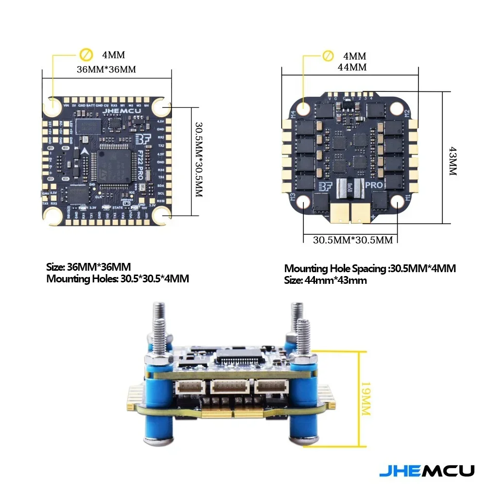 JHEMCU F722 PRO Flight Controller Stack with Bluejay 45A/50A/55A/60A/65A 4in1 ESC 3-6S FPV Drone