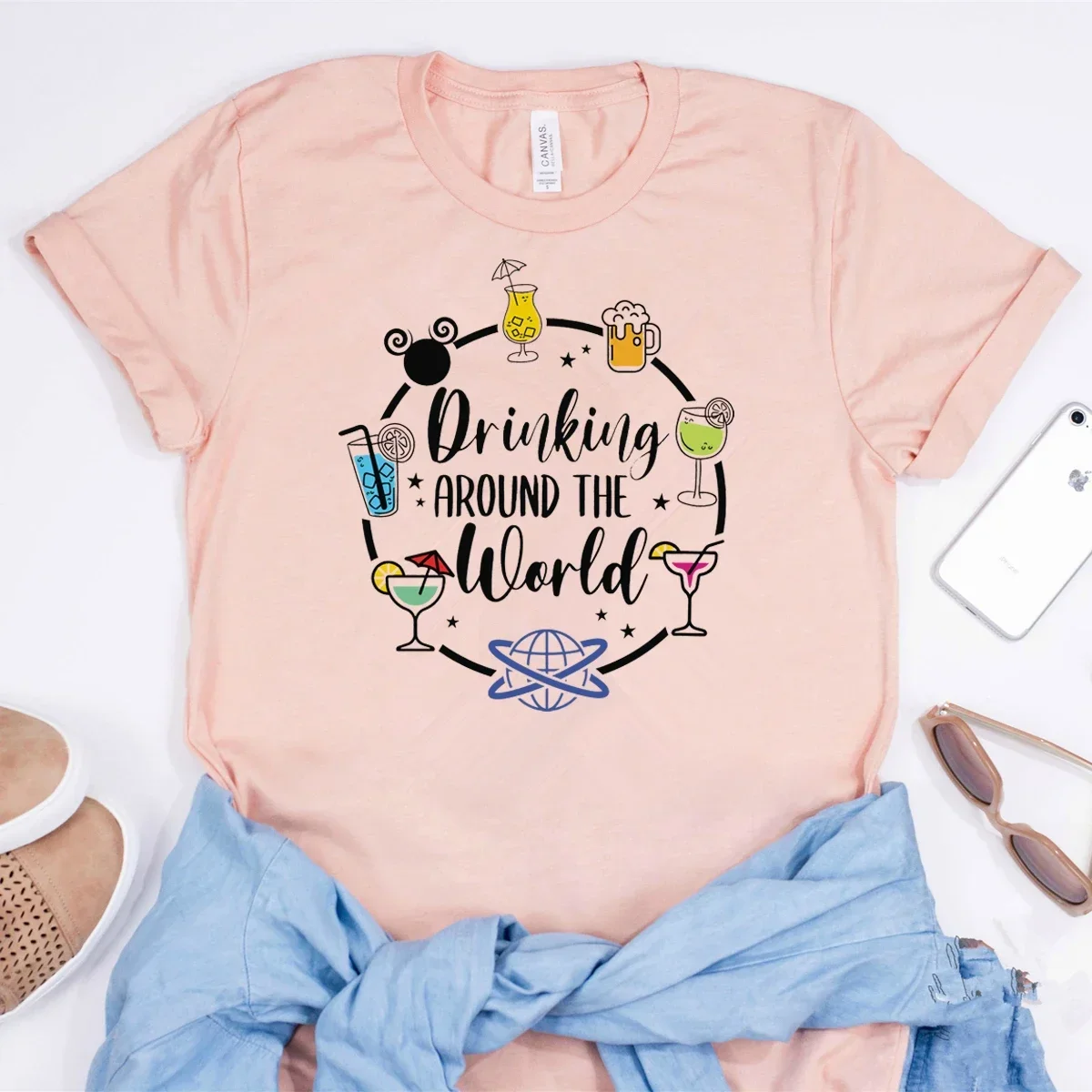 Drinking Around The World Shirt World Traveler T-shirt Funny Epcot Drinking Shirts Cute Vacation Tees 2024 Summer Cotton Tops