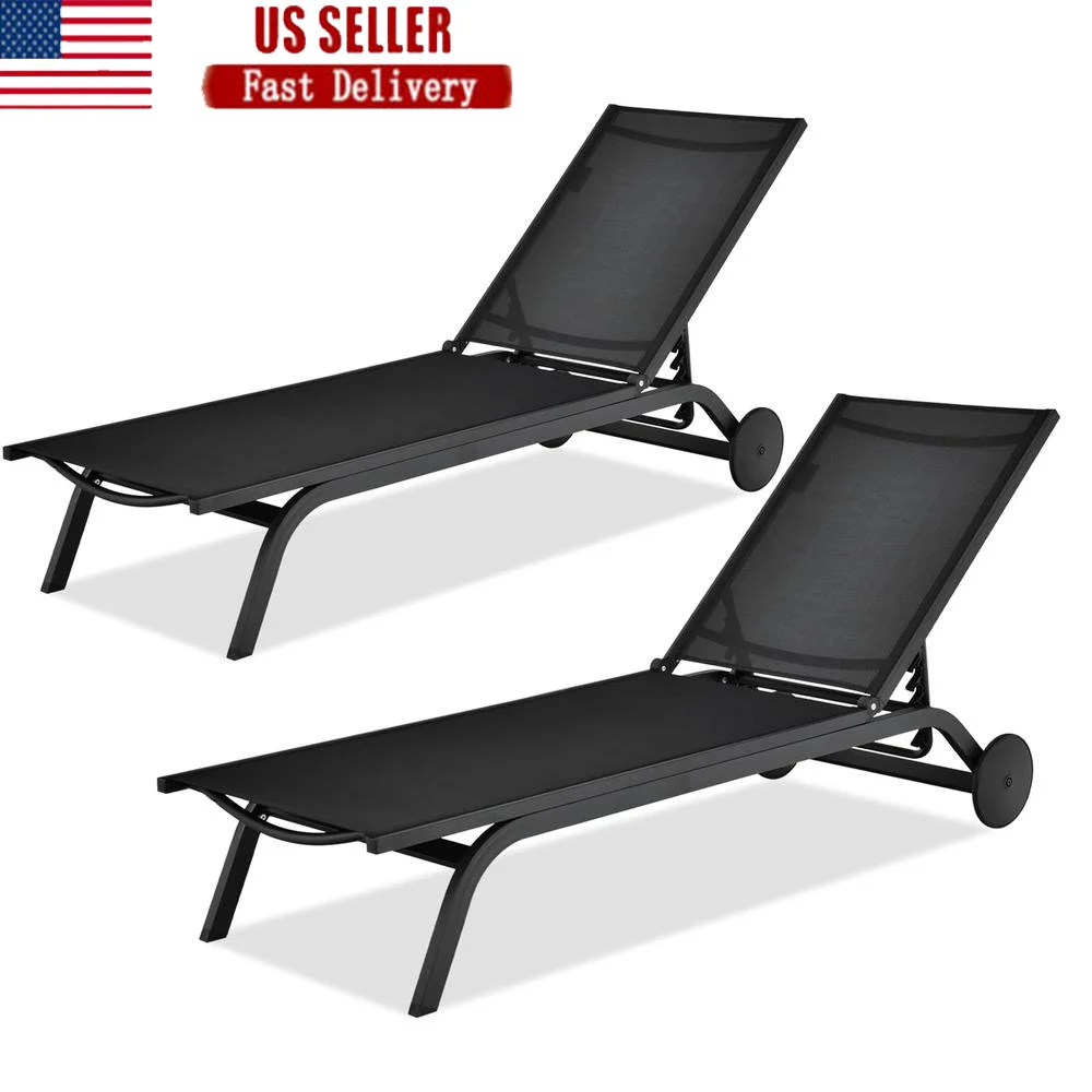 

Outdoor Patio Chaise Lounge Chair Set of 2 Adjustable 6-Position Pool Lounger with Aluminum Frame Portable Sunbathing Chair