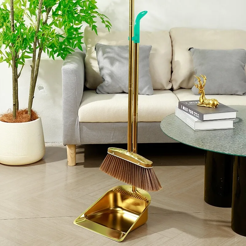 Stainless steel new serrated broom dustpan gold broom garbage bucket set combination