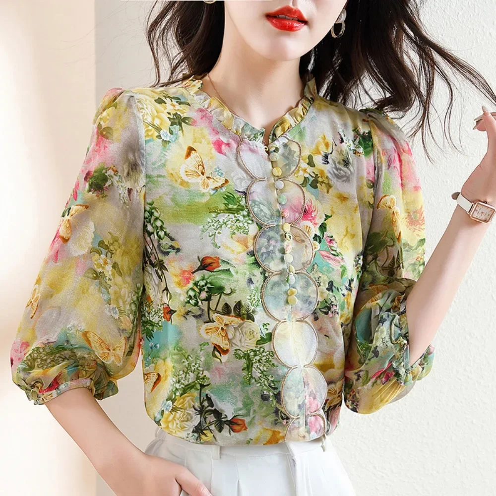 S-2XL SizeHot selling new Korean version high-end and thin style with a slimming temperament printed lantern long sleeved shirt