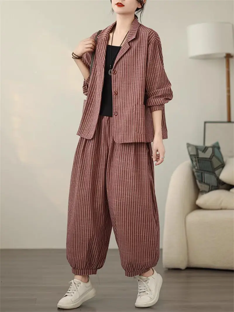 Retro Stripe Cotton And Linen Suit 2024 Women\'s Autumn Temperament Casual Wide Leg Harem Pants Loose Oversized 2 Piece Set K2478