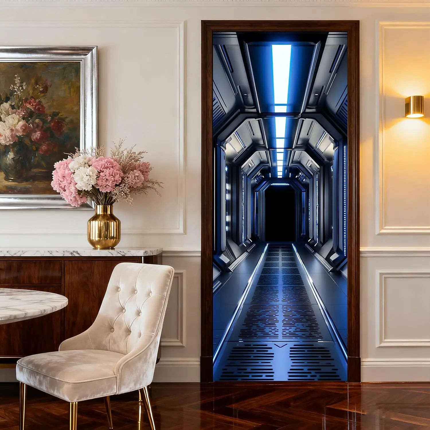 3D Sci-Fi Space Corridor Door Sticker Self Adhesive Vinyl Mural Removable Futuristic Tunnel Bedroom