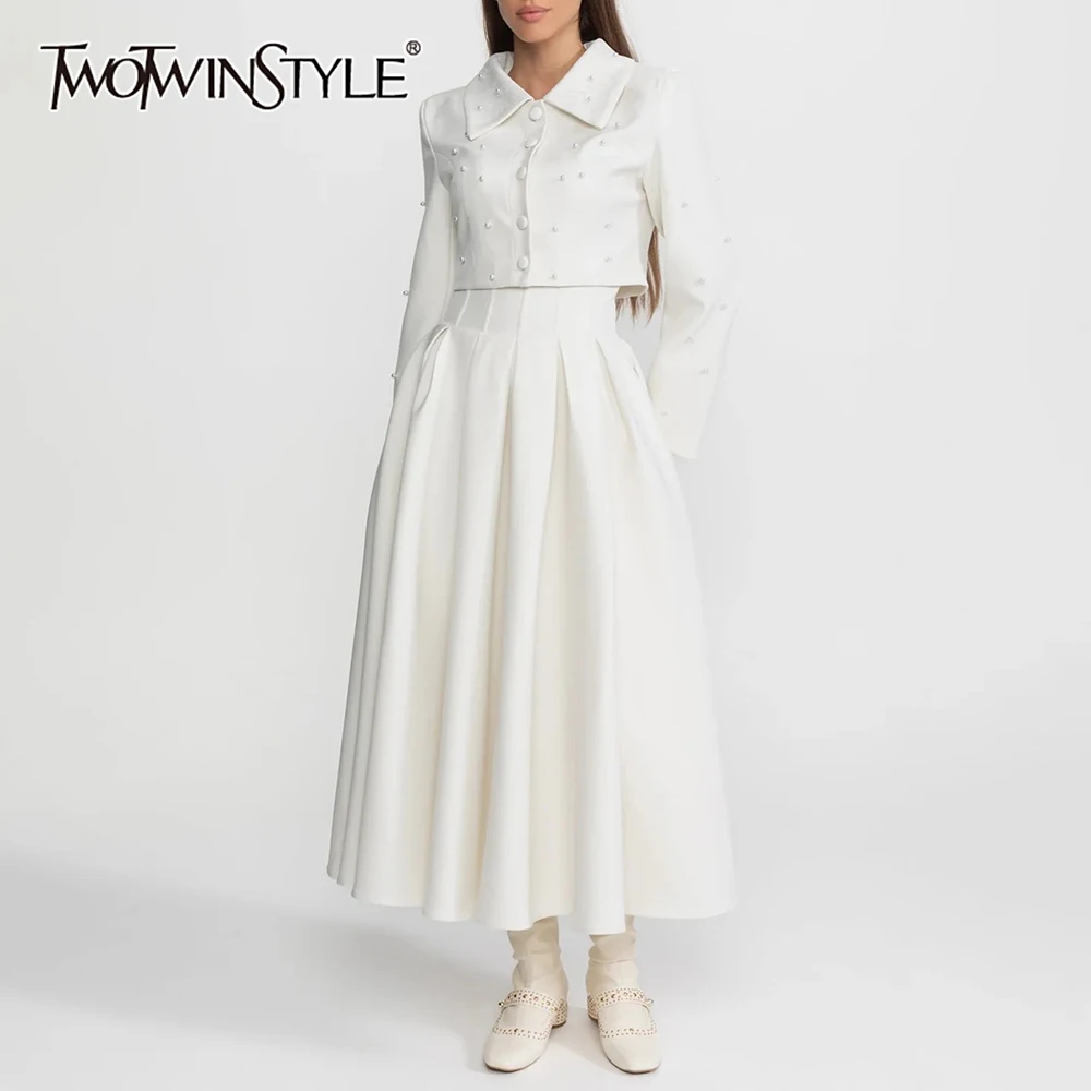 

TWOTWINSTYLE Elegant Two Piece Sets for Women Lapel Long Sleeves Spliced Bead Top High Waist Patchwork Folds Skirt Set Female