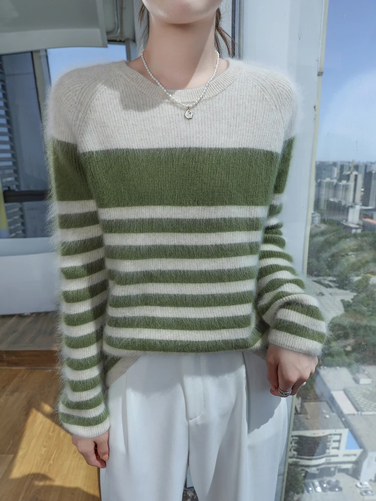 

TLOML осень-зима новый женский свитер из 100% норки и кашемира с круглым вырезом полосатый пуловер повседневные мягкие теплые норковые кашемировые удобные топы
