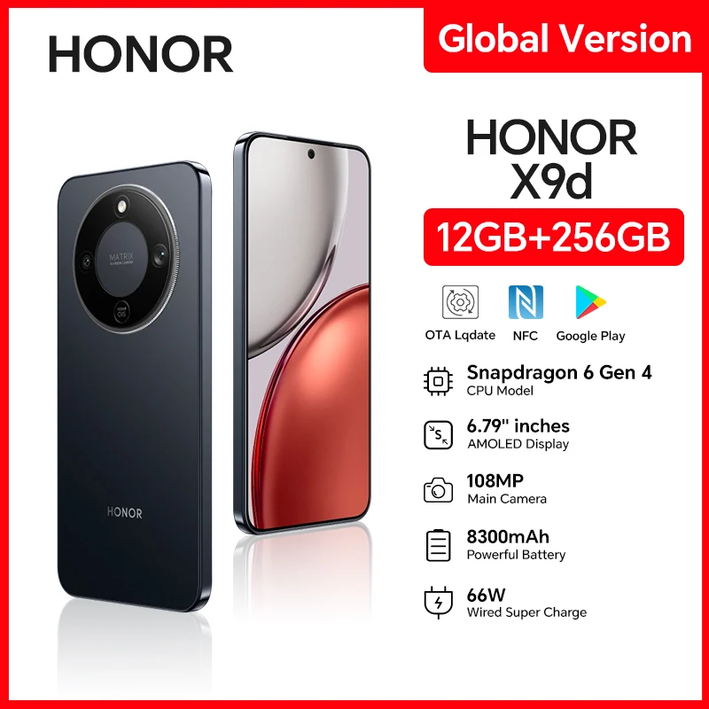 HONOR X9d Global Version 12GB+256GB 5G Smartphone 6.79'' 120Hz Screen 108MP AI Camera 8300mAh 66W Super Charging NFC OTA