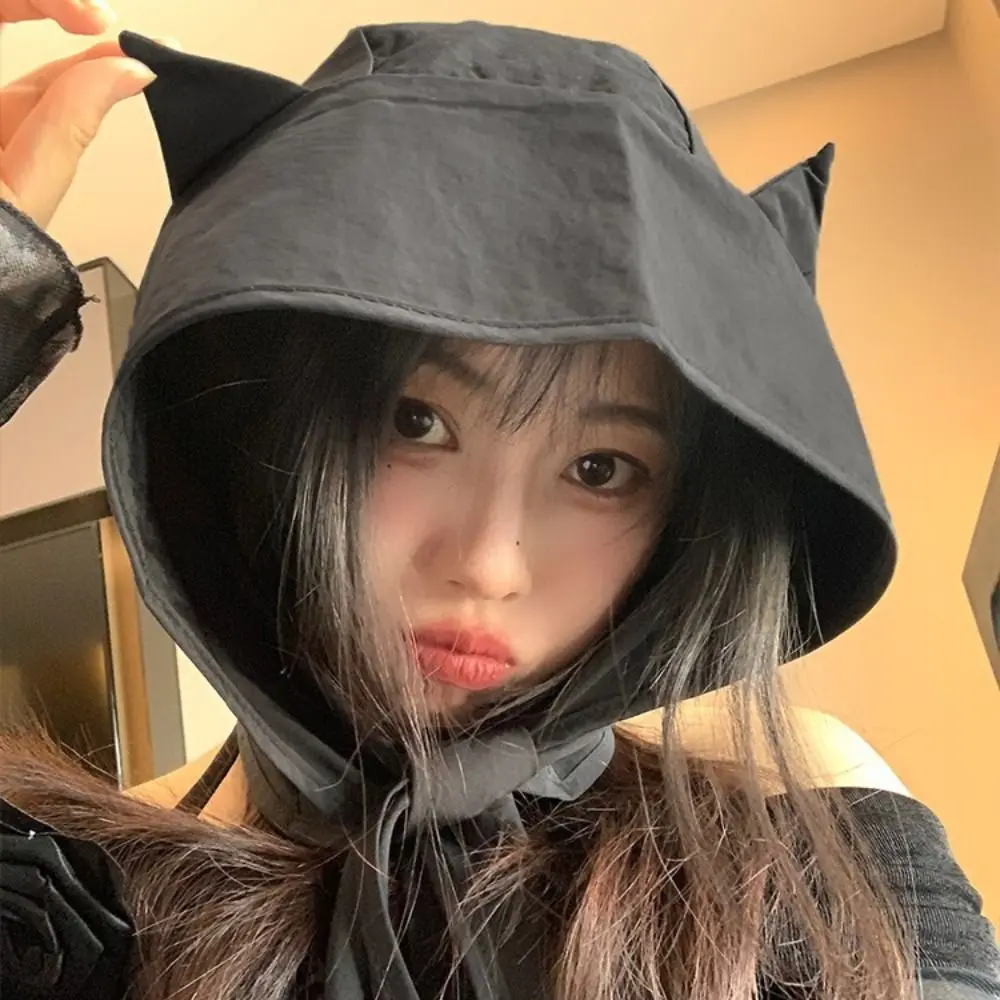 

Versatile Korean Style Little Devil Horn Headscarf Solid Color Sun Cap Strap Hat Sunscreen Hat Quick-drying Beanie Cap Men