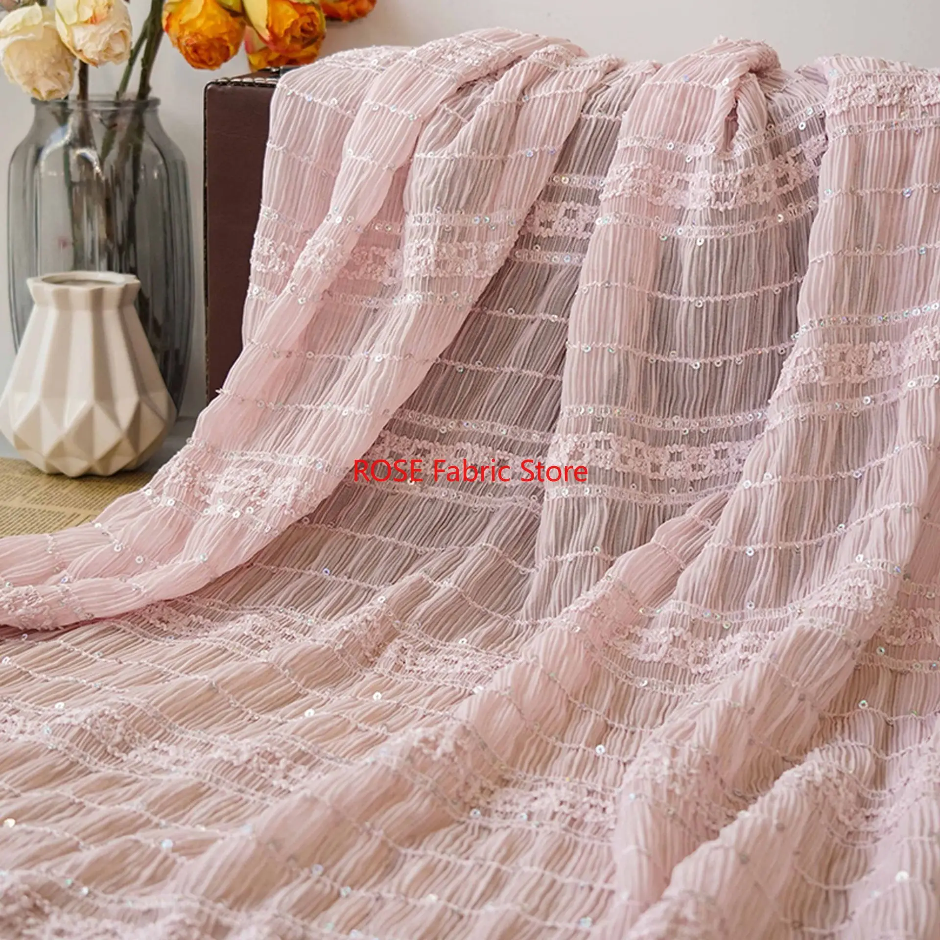 Haft cekinowy Miękka plisowana tkanina szyfonowa, koronkowa tkanina w paski do sukni ślubnej, sukienki Cupcake, sukienki imprezowej, koronkowego topu
