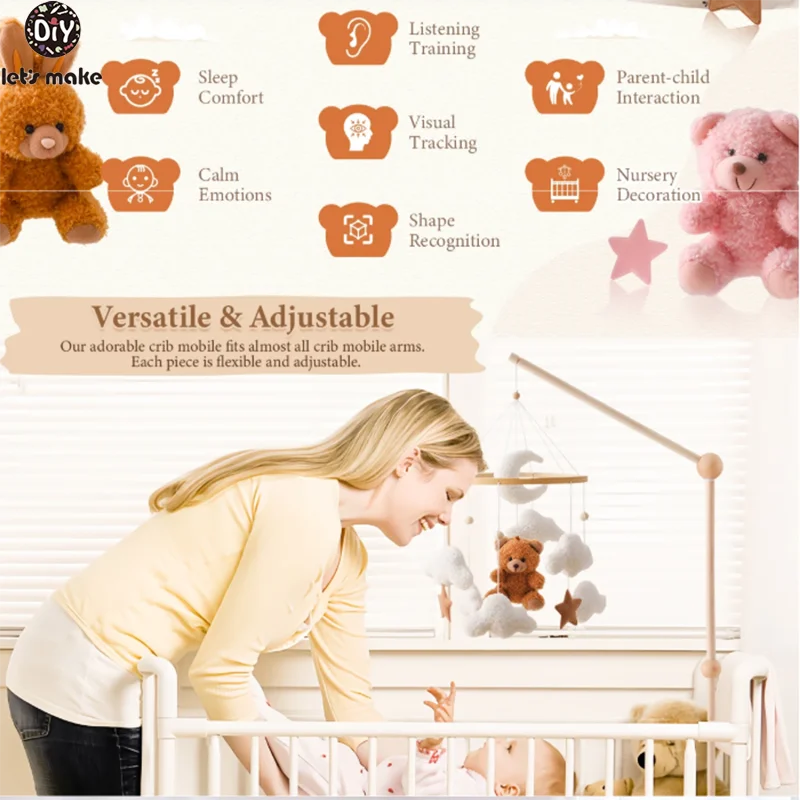 3-Piece Wooden Crib Mobile Baby Bed Bell Rattle Toy Soft Felt Cartoon Bear Mobile bracket Newborn Music Box Bed Bell Hanging Toy
