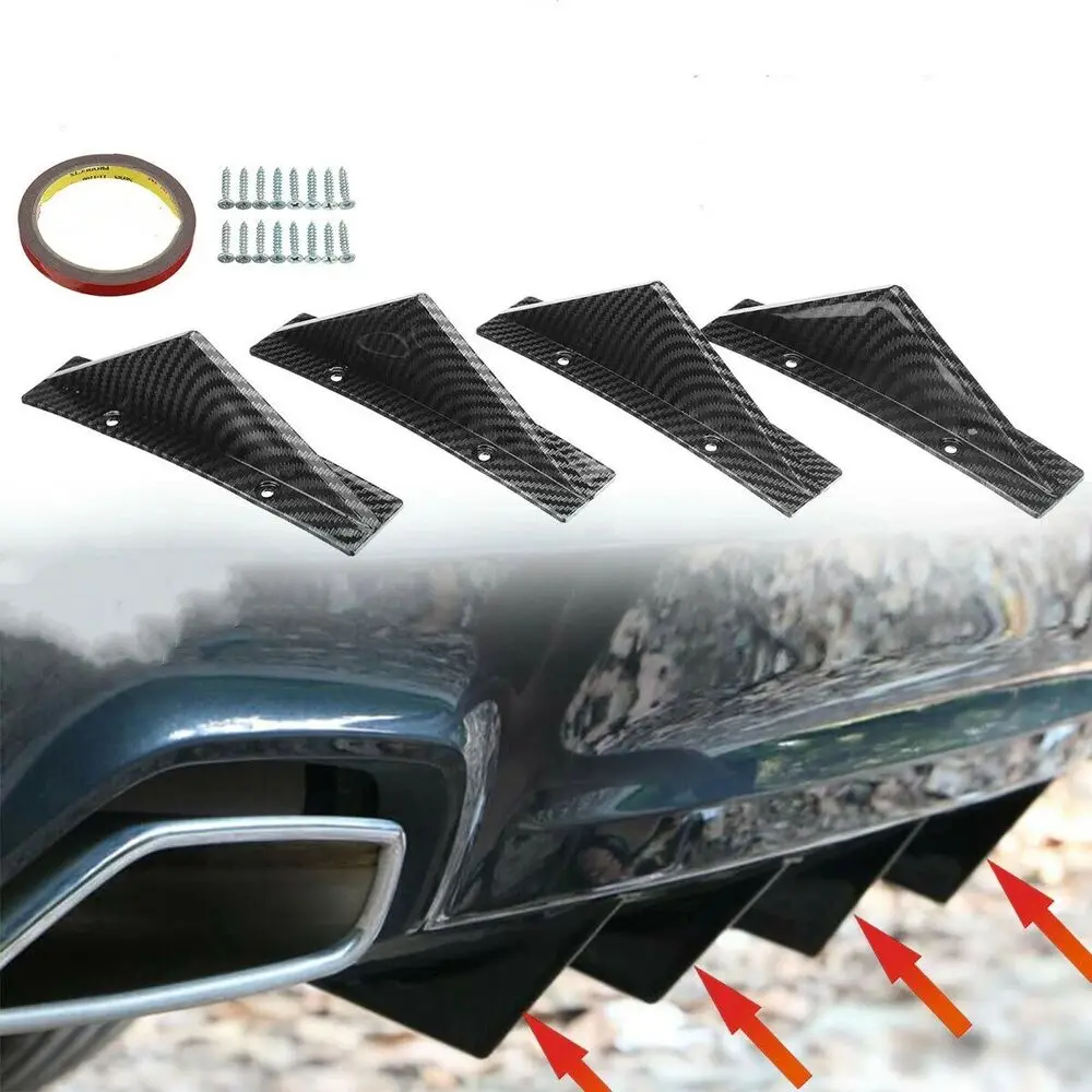 

4pcs Black Carbon Fiber Look Universal Car Accessories Rear Bumper Diffuser Lip Shark Fins Addon Wing Spoiler Bodykits Parts