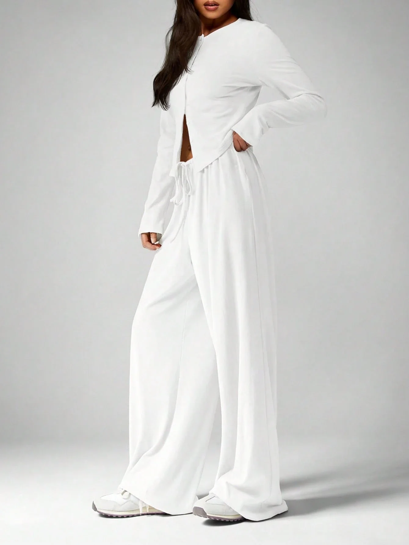 

Soft Touch Long Sleeve Crop Top With Wide Leg Drawstring Pants Lounge Set For Daily Wear
