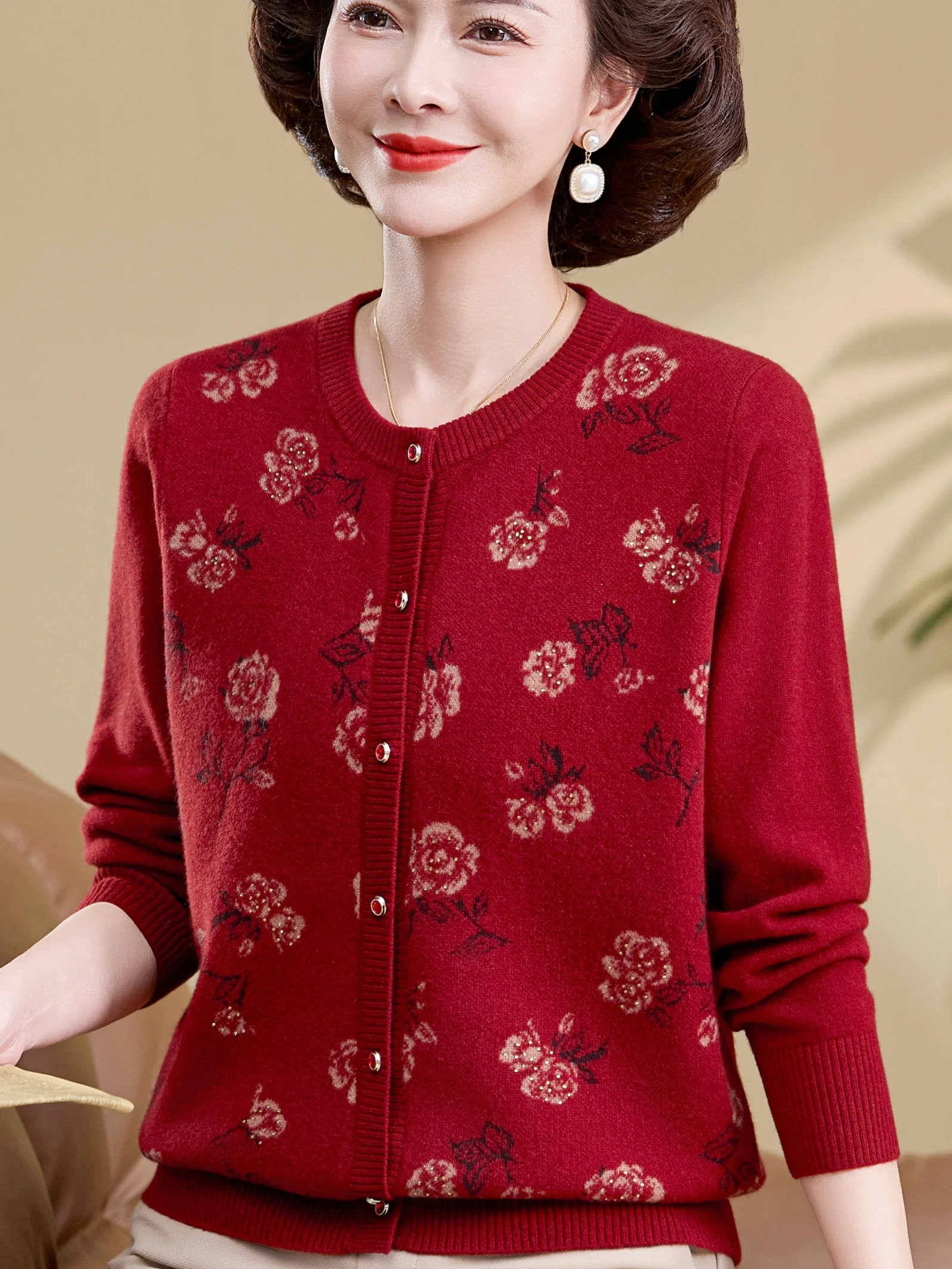

Теплый вязаный кардиган из чистой шерсти с принтом, модная верхняя одежда для мам для женщин среднего возраста и ли, тонкий весенне-осенний