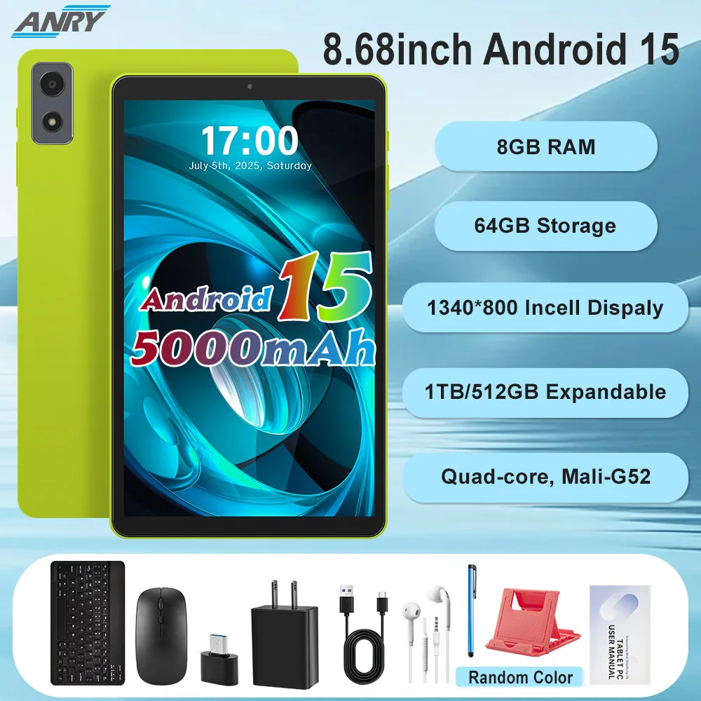 ANRY Tablette Androïd 15 Tablet, Ultimi Tablet da 8,68 pollici 2025 con Widevine L1, 1340*800Incell, 8 GB+64 GB, 5000 mAh, 5G WiFi BT 5