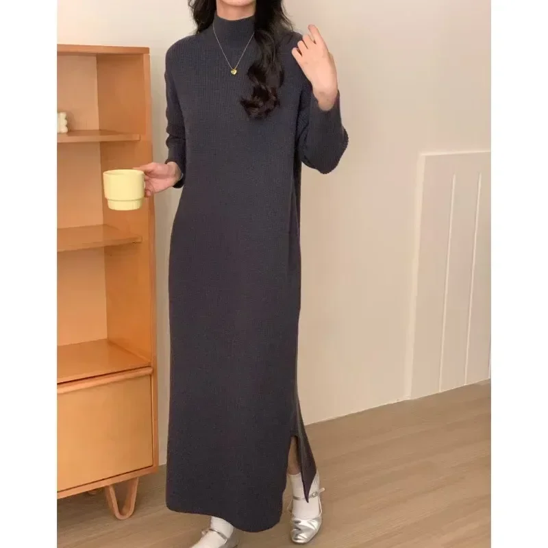 Casual Women\'s Semi High Neck Pit Striped Woolen Dress for Autumn and Winter  NewFashion StyleLoose SlitInner Layer Bottom Dress