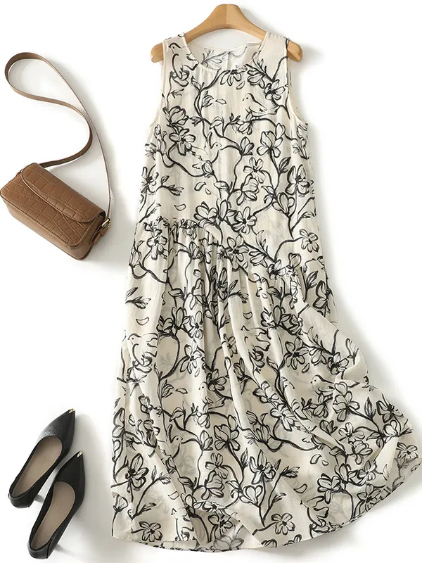 

High-End Casual Korean A-Line Midi Dress Ink-Dyed Floral Print Sleeveless Dress Straight Cut Commute Style Summer Season