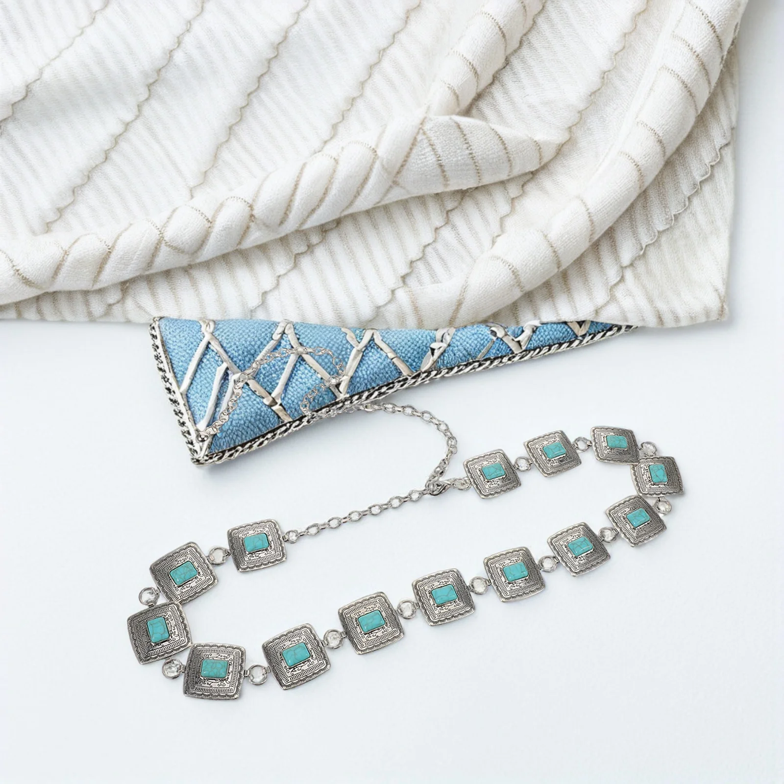 

Vintage Waist Chain Belt Turquoise Adjustable Retro Bohemian Style Metal Square Charm Body Jewelry Summer Turquoise Chain Belt