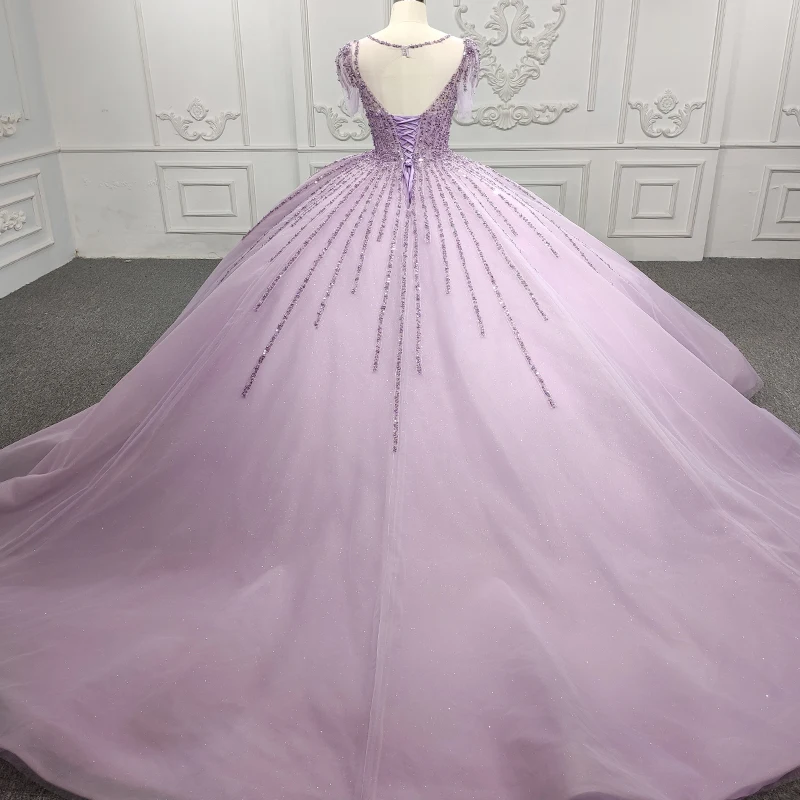 جانسيمبر الأميرة بسيطة Quinceanera Drss الأرجواني الأورجانزا مع الترتر س الرقبة قصيرة الأكمام الطابق حفل غريس Кунsenы DY9919