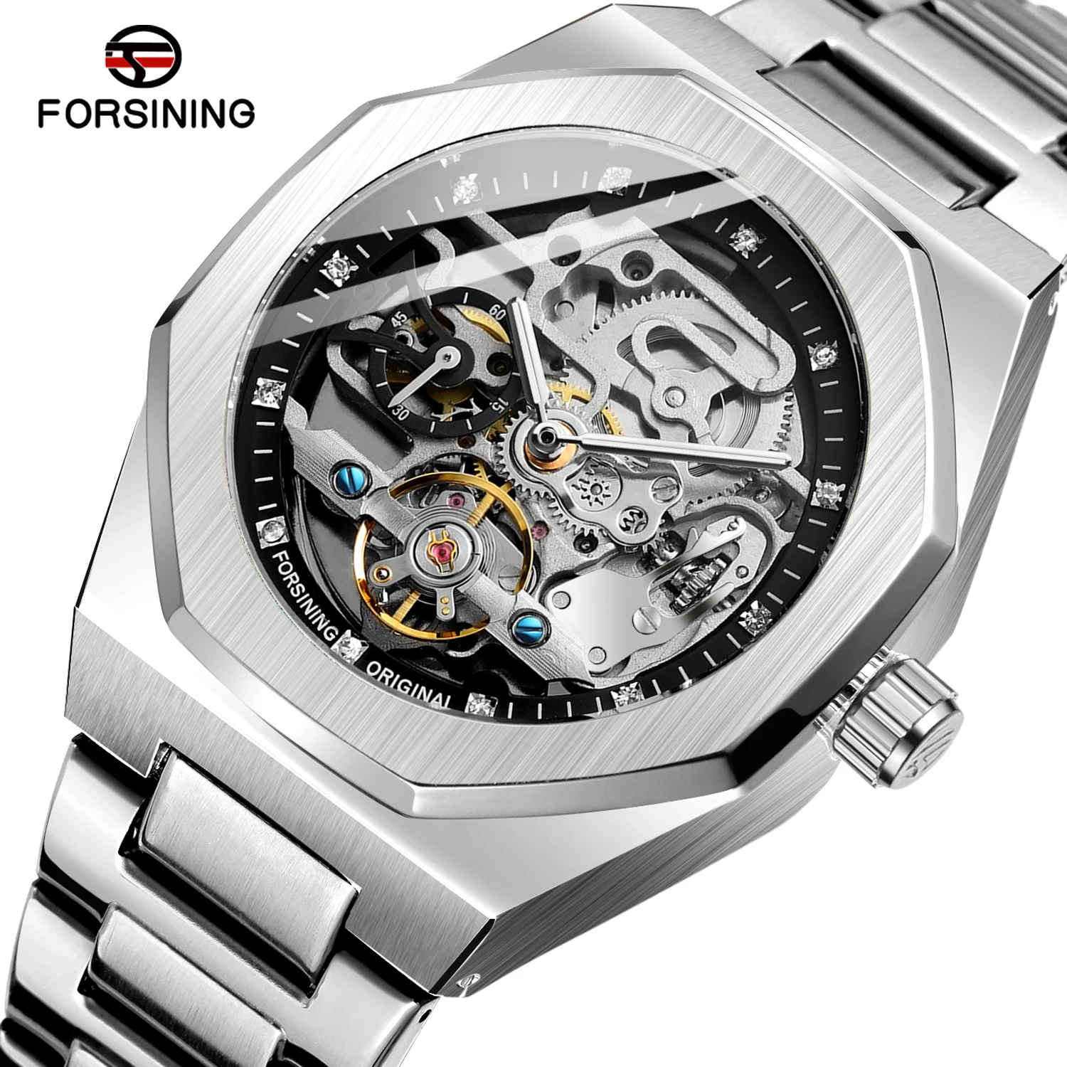 FORSINING Trendy Polygon Men Watch Rhinestone Skeleton Automatic Mechanical Watch Stainless Steel Formal Business Man Wristwatch