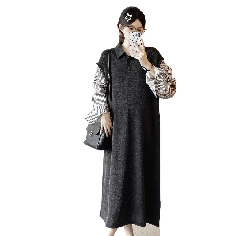 2025 جديد الخريف فستان حمل وهمية قطعتين بولو طوق مخطط كم طويل فستان محبوك الفرنسية عادية فضفاض #5