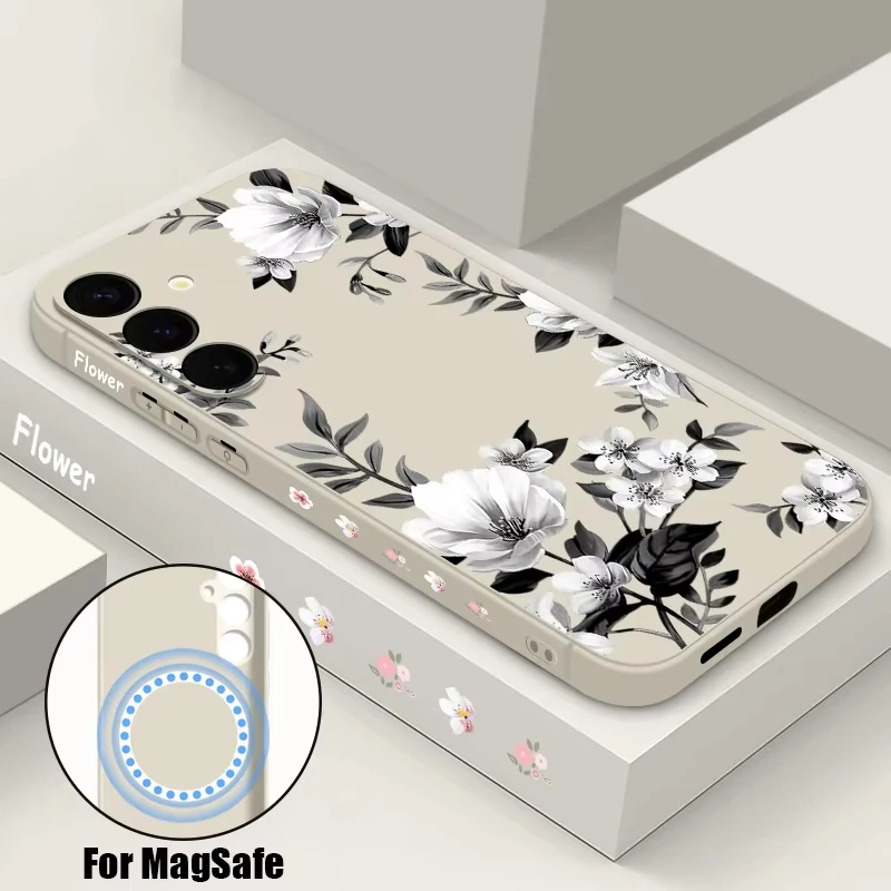 Magnetische Softcase-Hülle mit weißen Blumen für Samsung Galaxy S24 FE S26 S25 S23 S22 Ultra Plus, kompatibel mit MagSafe Wireless Charging und Lanyard-Funktion