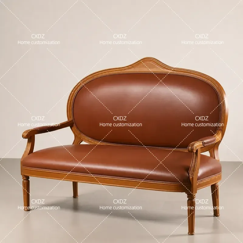 Solid Wood Sofa Retro Carved Genuine Leather Double Three Seater High End Art Leisure Chair