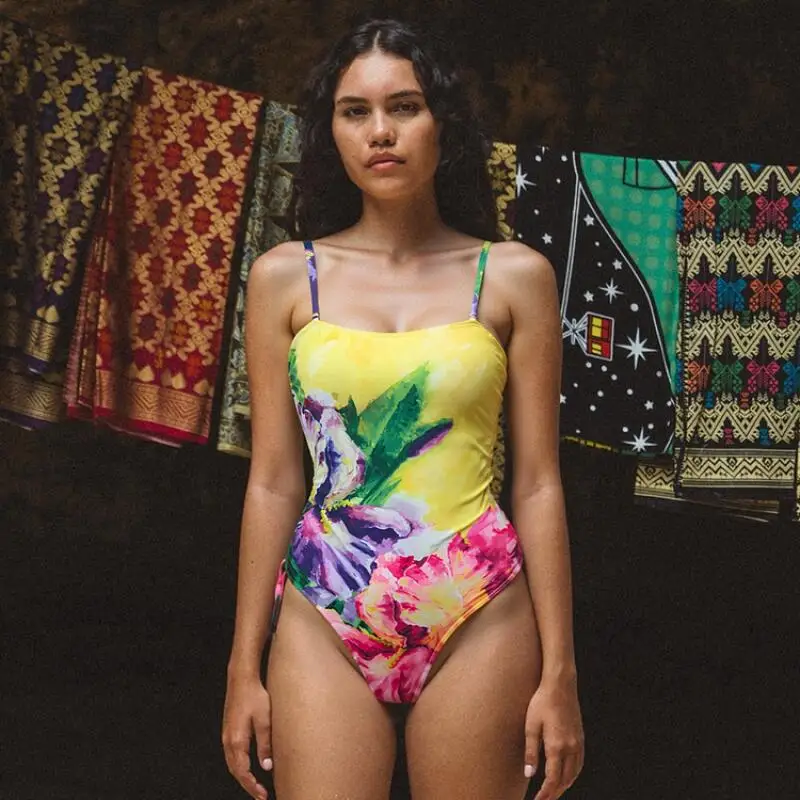 Flaxmaker Woman Swimsuit and Sarong Vintage Printed One Piece Swimwear Summer Yellow Oil Painting Flower Print  Bodysuit Skirt