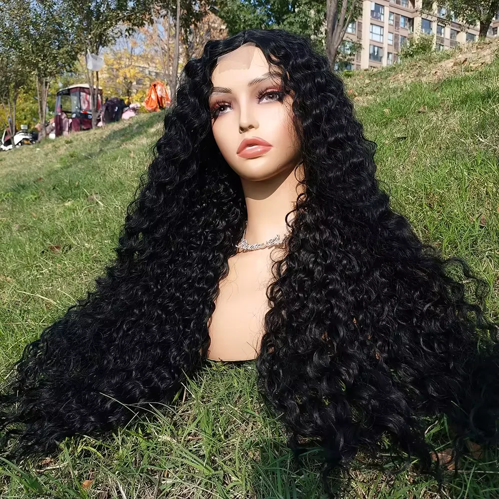 Cheap 24 Inch Afro Kinky Curly Wig 180% Density Synthetic Pre Plucked Hairline Lace Front Wigs Daily Party Cosplay For Woman