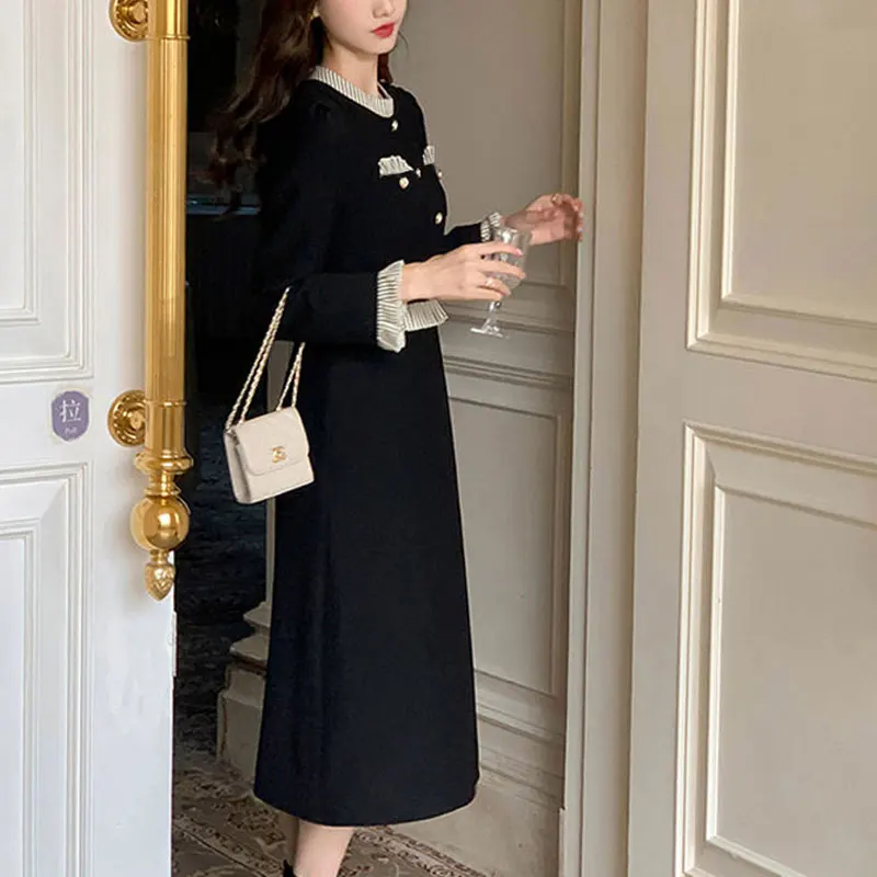 French Style A-Line Aura Dresses Spring Autumn Commute Striped Spliced Female Clothing Elegant Waist Basic Round Neck Midi Dress