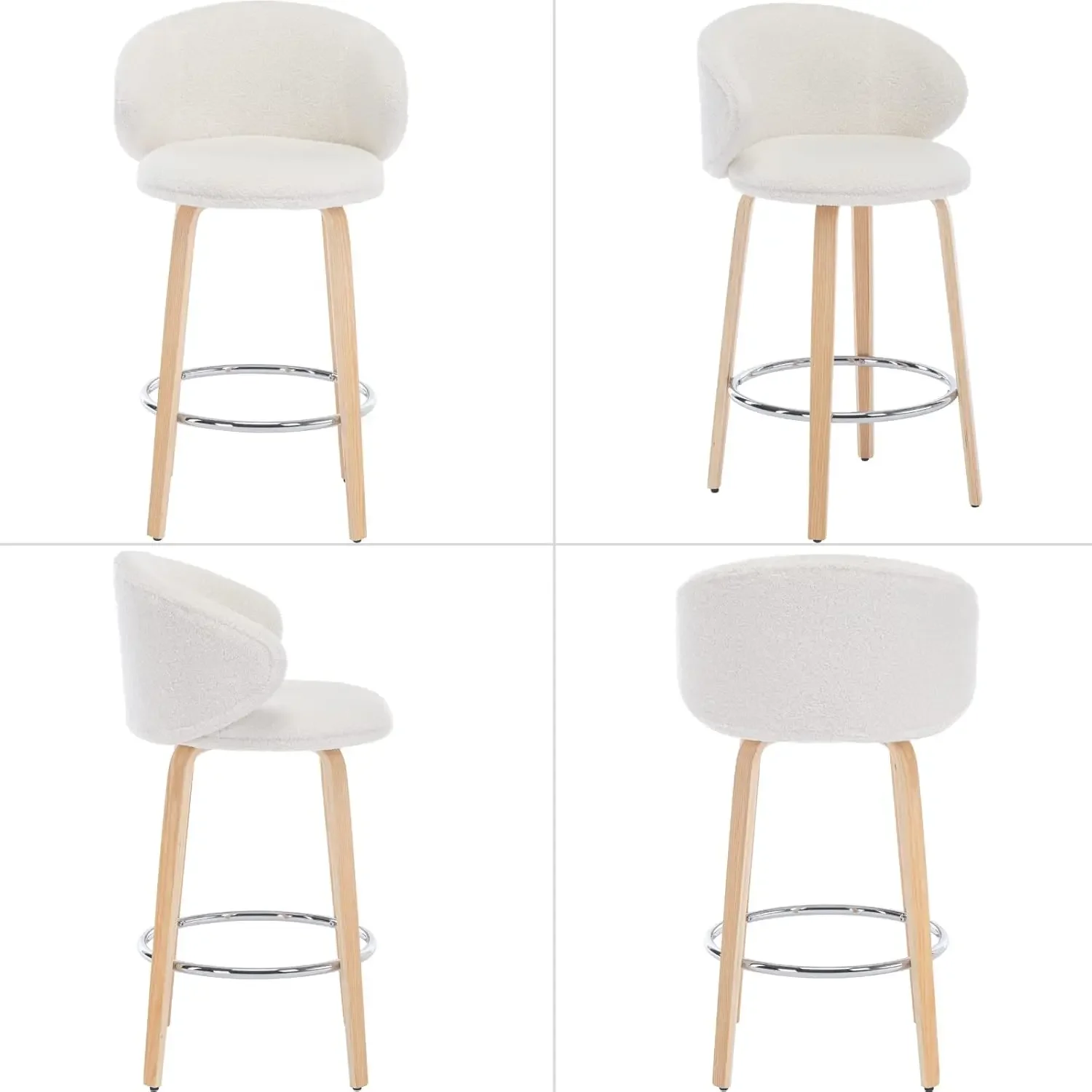 Modern Bar Stools Set of 3, 26 Inch Counter Height Sherpa Barstools with Wooden Legs,Bar Chairs with Barrel Backrest for Kitchen