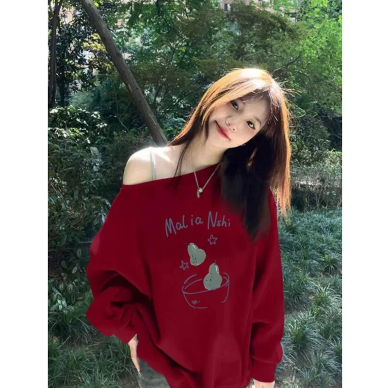 

Женская блузка с открытыми плечами и принтом в сладко-остром стиле, универсальный дизайн с асимметричным воротником, корейский стиль, длинный рукав, топ средней длины.