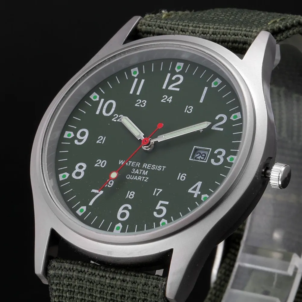 1Pcs High Grade Quartz Wrist Watch for Men Military Inspired Canvas Strap Date Function Elegant Simple Luxury Male Watch Green