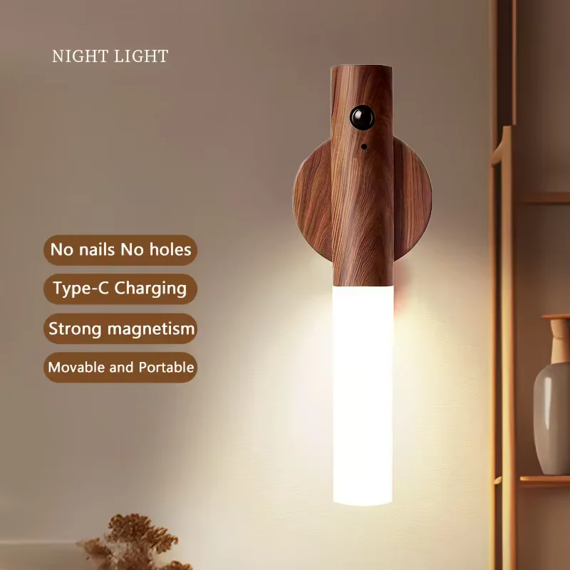 

Интеллектуальный деревянный магнитный светильник с LED-подсветкой, зарядкой и датчиком движения для лестниц, коридоров и спален, создающий атмосферу