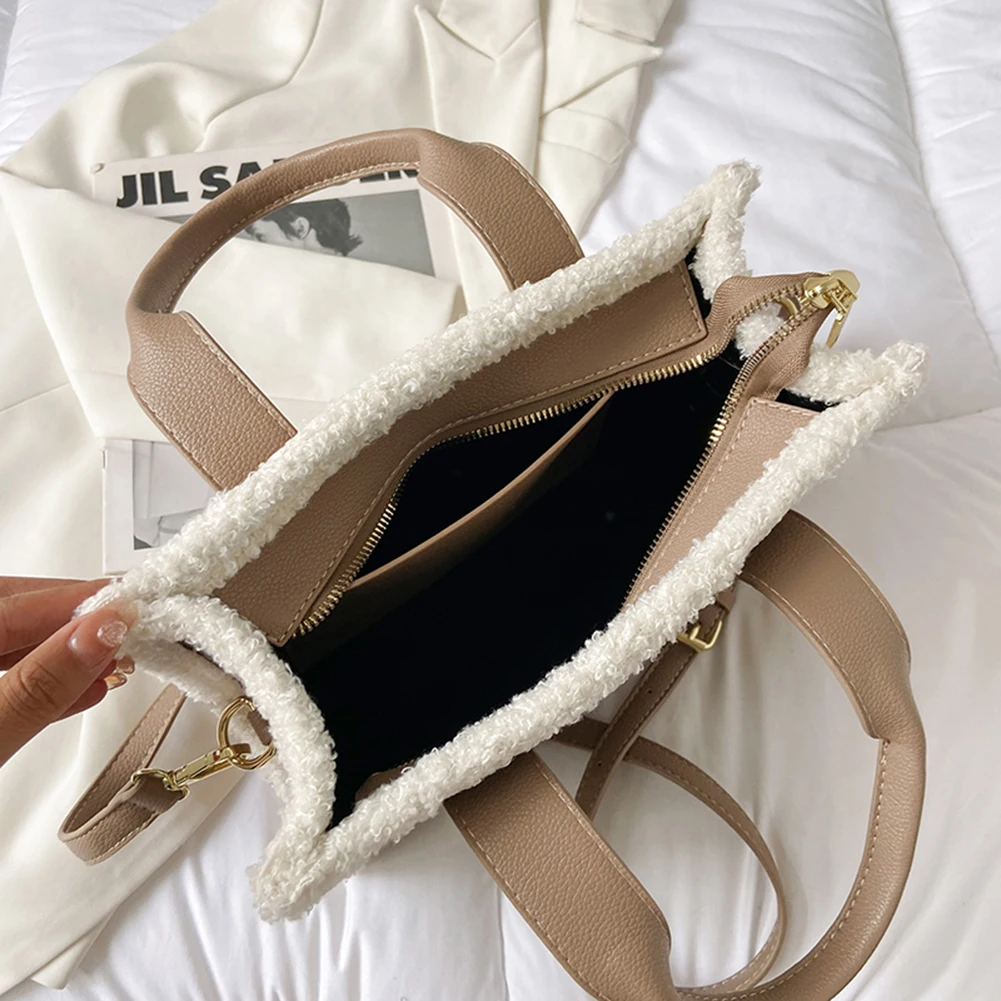 Winter Khaki Tote Bag PU Leather Female Handbags Large Casual Tote Shoulder Bags Wool Stitching Fashion Purse for Woman Girls