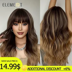 ELEMENT Synthetic Wig Long Medium Water Wavy Ombre Dark Brown with Bangs Wigs for Women Party Daily Hair Heat Resistant Natural