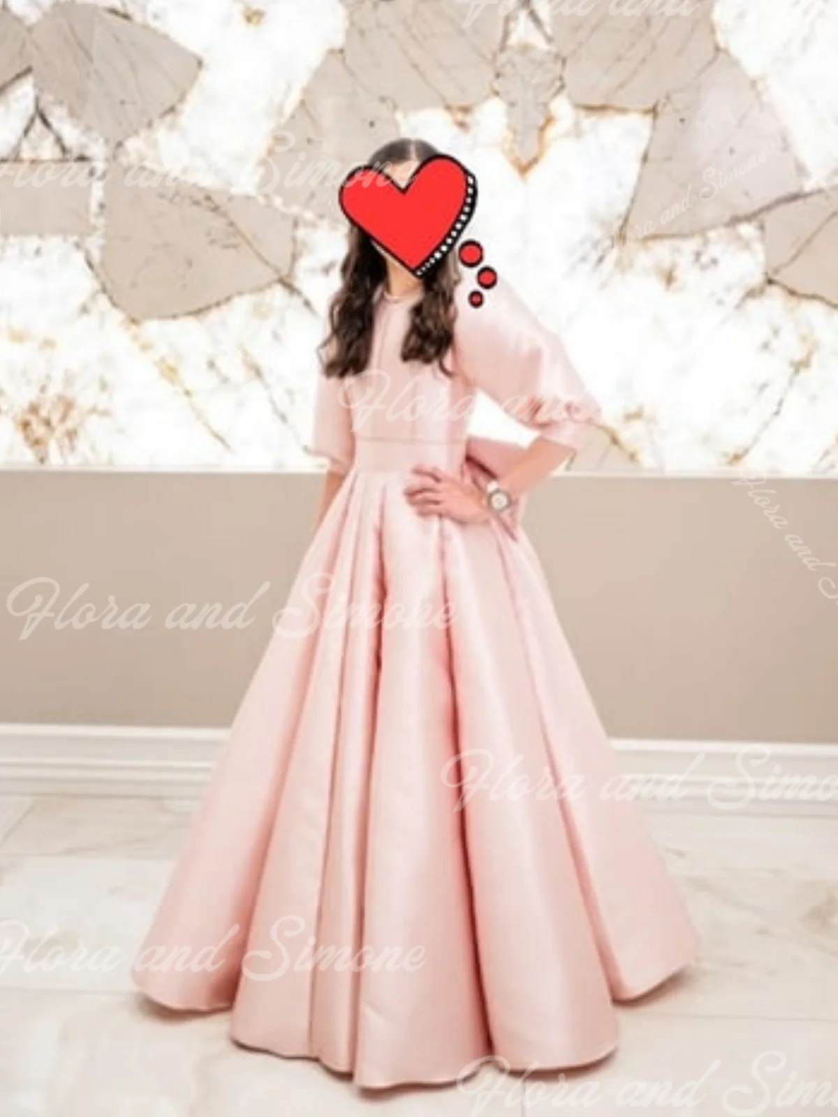 

Элегантное розовое атласное платье с высоким воротом и длинными пышными рукавами для девочек-цветочниц, детское платье подружки невесты на день рождения, на заказ