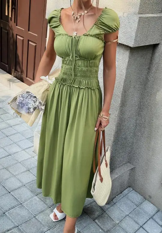 

Women Dresses 2026 Spring Summer New Solid Color Square Collar Backless Short Sleeve Casual Cinched Waist Daily Long Dress