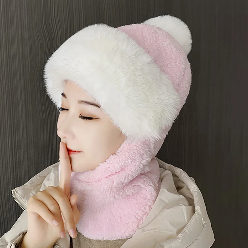 شتاء جديد متكامل حماية الأذن يندبروف قبعة باوتو قبعة وشاح قناع الفراء الكرة زائد المخملية الدراجات قبعة تدفئة للنساء #5