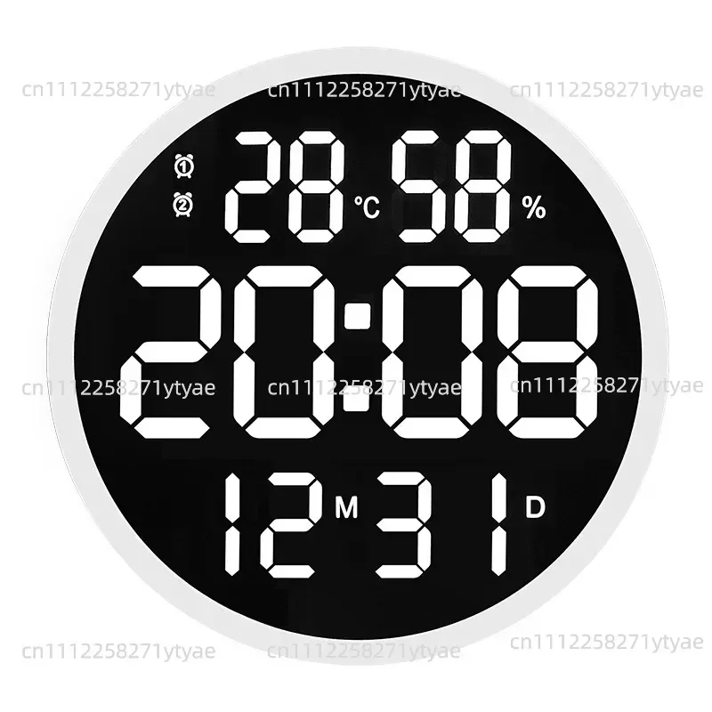 Suitable for 12-inch Modern LED Simple Wall Clock, Living Room Round Clock Silent Digital Temperature and Humidity Electronic