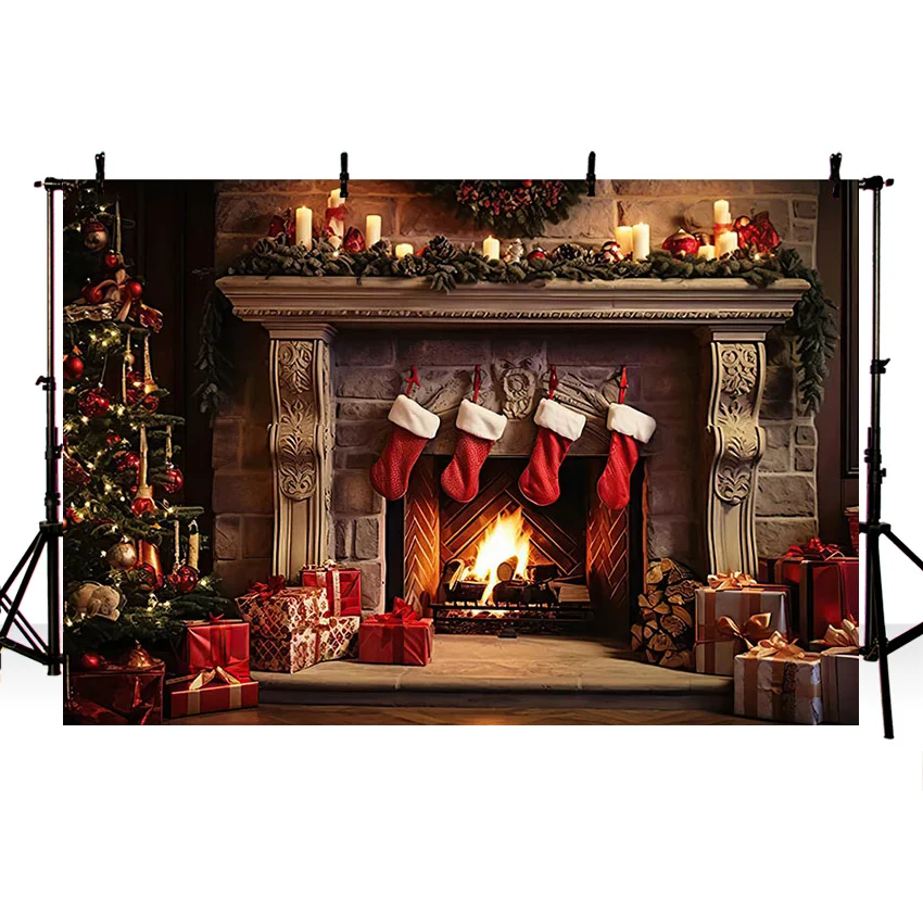 Mehofond Merry Christmas Photography Background Xmas Vintage Fireplace Baby Child Portrait Red Stockings Backdrop Photo Studio