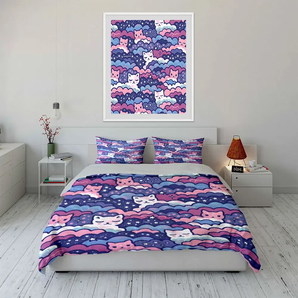 Bettwäsche-Set mit Katzenmuster, Dreamy, verschiedene Größen für Kinder- und Erwachsenenschlafzimmer, exquisites 3-teiliges Bettwäsche-Set, Geschenk