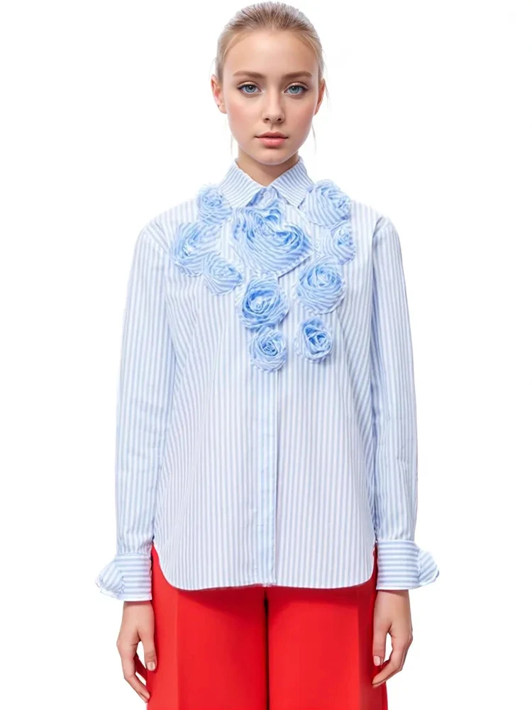 TWOTWINSTYLE Solid Spliced Appliques Shirt For Women Lapel Long Sleeve Patchwork Button Elegant Blouses Female Fashion Style