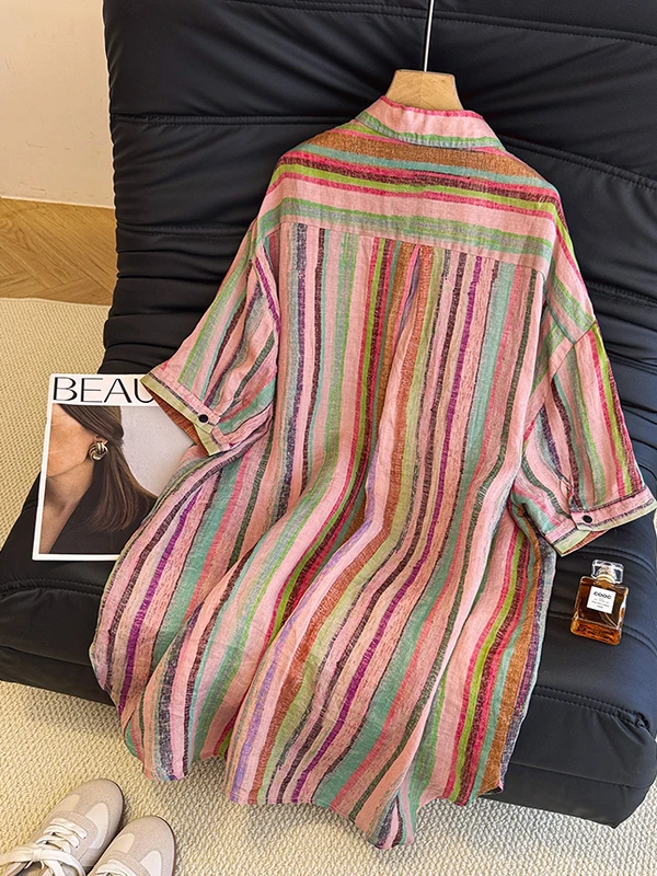 Top artístico de longitud media a rayas para mujer, talla grande, doble ket, un solo botón, cuello vuelto, adelgazante, versátil, para verano