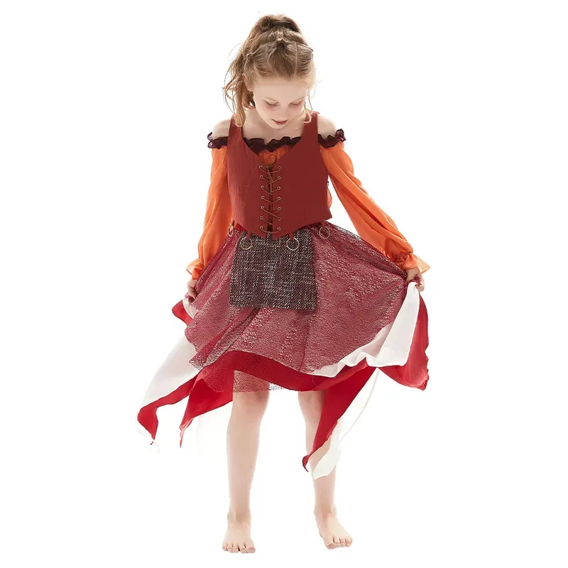 Bambini Ragazze Hocus Cosplay Pocus Strega Mary Sarah Winifred Abito a maniche lunghe Mantello Costume di Halloween Colletto alla coreana Abito a tunica