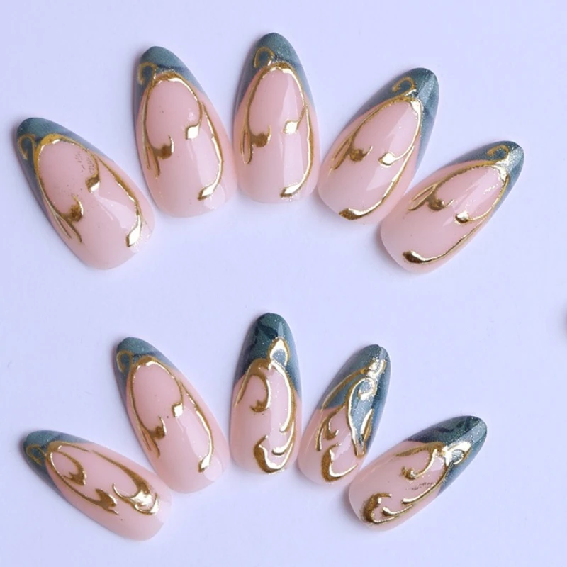24 قطعة اضغط على الأظافر الذهبي غير النظامية مخطط الفرنسية تصميم أنيق اللوز الأظافر كاذبة الذهب لامع الأظافر وهمية الفاخرة يدوية #1