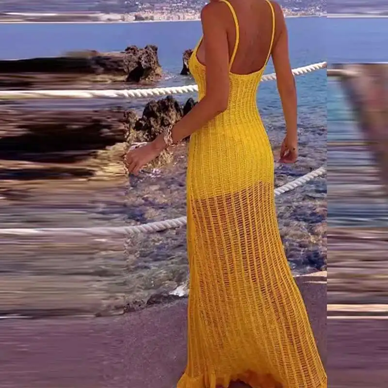 Gelbe Hosenträger Strand Sexy Hohl Gestrickte Slim Fit Cover Up Langes Kleid Sommer Urlaub Frauen O Hals Ärmellose Badeanzug