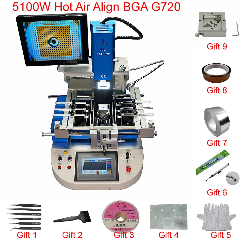 Automatyczna stacja lutownicza BGA 5300W G720 PRO z funkcją wyrównywania i narzędziami do naprawy chipów.