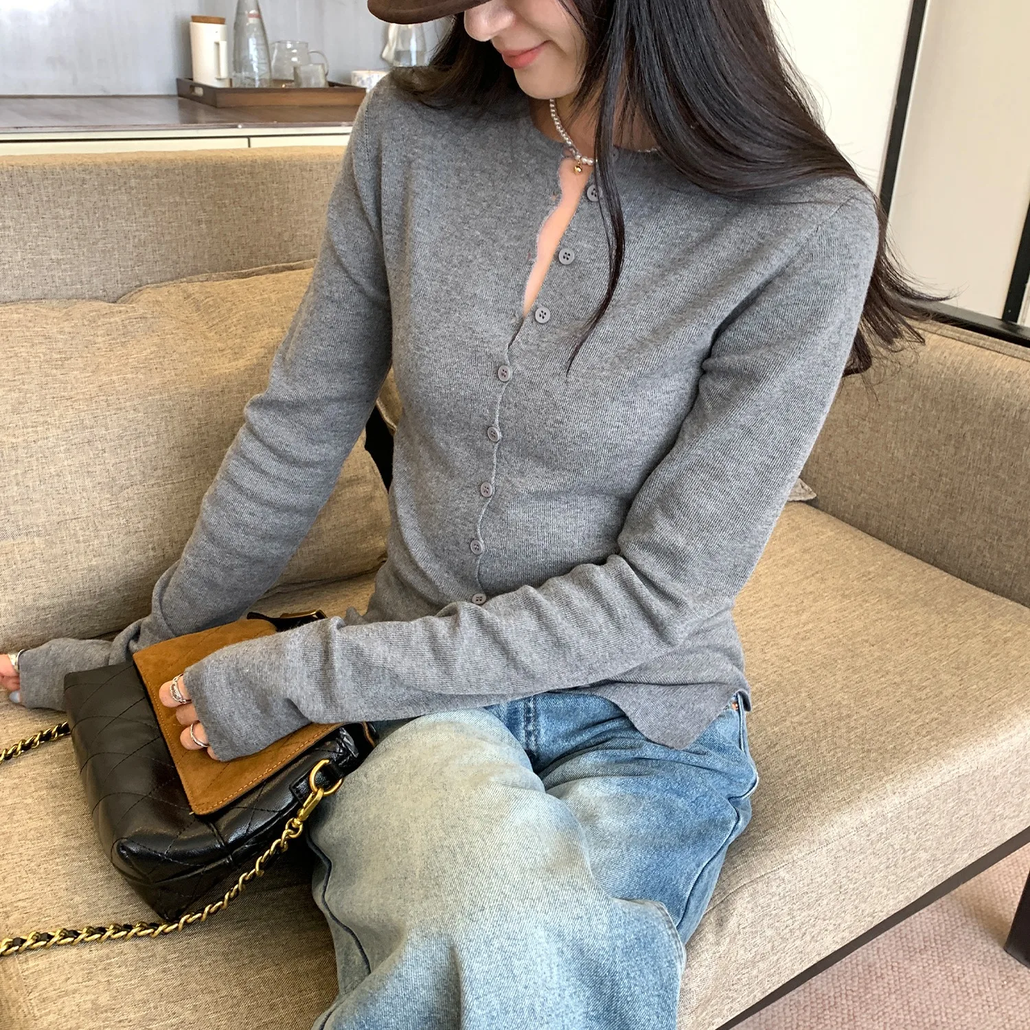 

Red Knitted Slim Fit Women's Sweater Coat Cardigan Faionable Autumn Winter New Sle Button Detail Long Sve round Ne Top