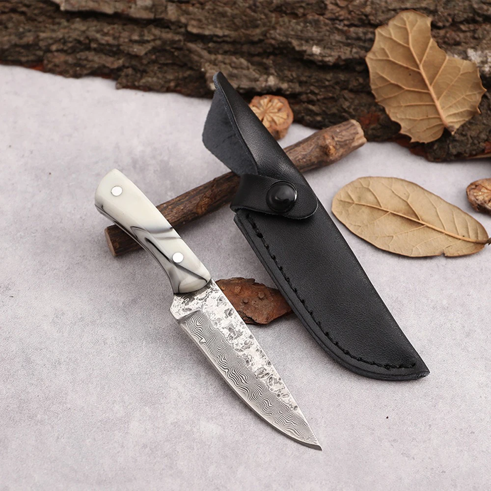 Forged Damascus grain straight knife self-defense knife car-mounted mini pocket knife one steel sharp fruit knife